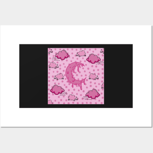 melting crescent moon cloud night pink polka dots Posters and Art